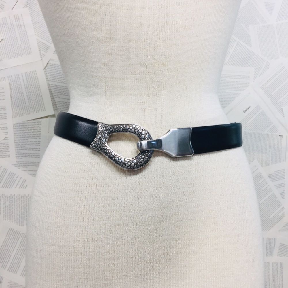 Chicos Black Silver Adjustable Leather Belt S/M